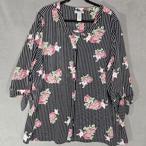 Catherines Women Blouse Shirt Plus 2X Button Up 3/4 Sleeve Black Stripe Floral